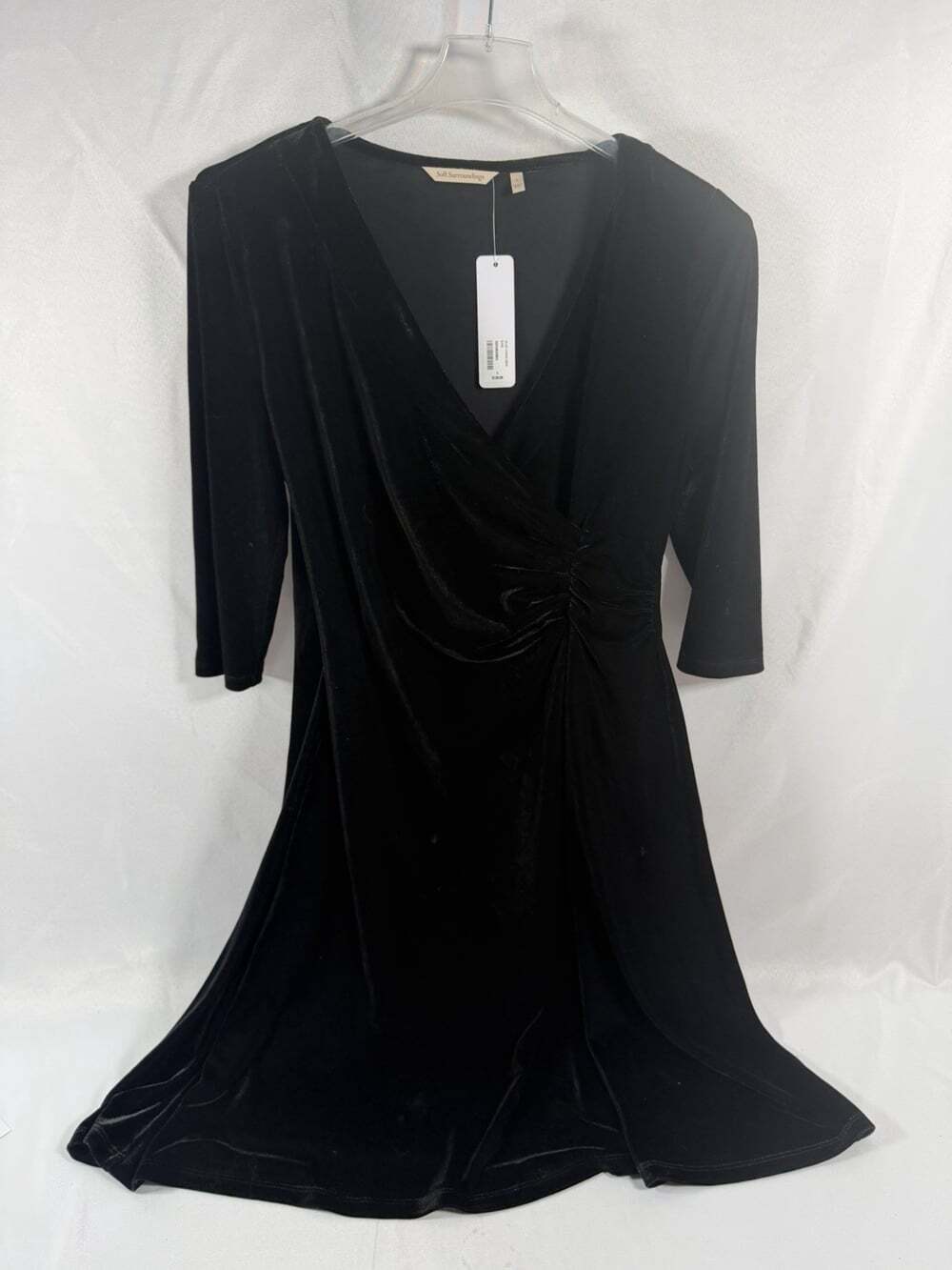 NWT Women's SOFT SURROUNDINGS Black Velvet Hyannis Faux Wrap Rouched Dress Sz L